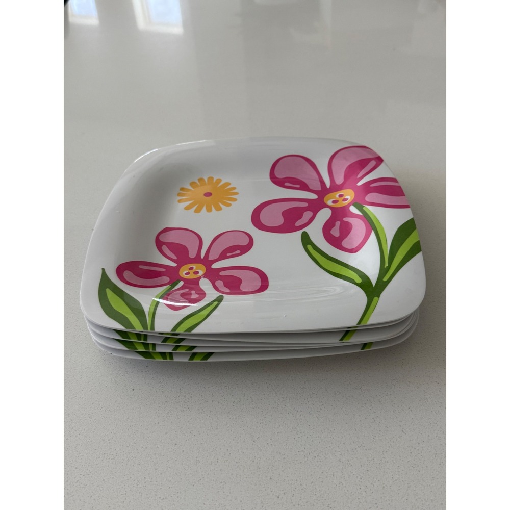 Square 10" Melamine Plates Pink Orange Floral Retro Summer Picnic set of 6